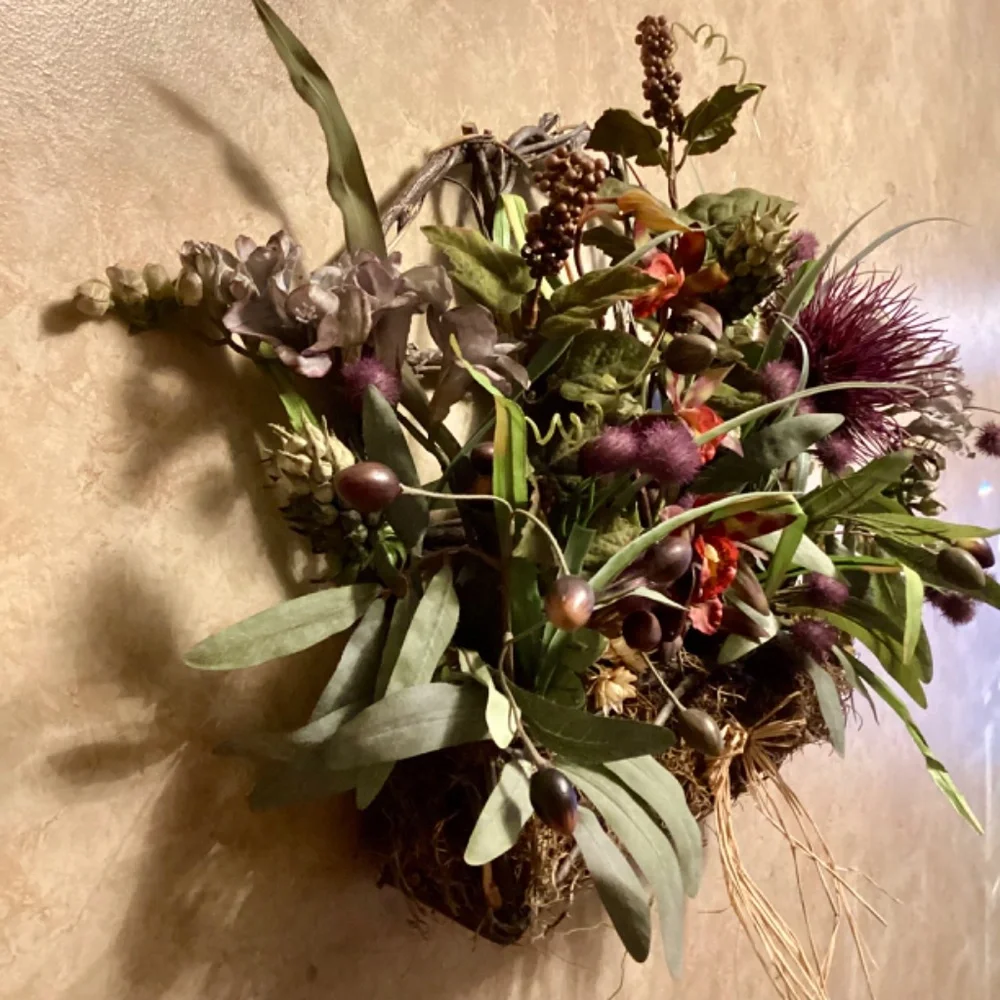 Grapevine Wall or Table Arch Basket w/ Red Purple Blue Green Florals and Raffia